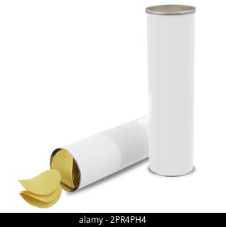 Deux tubes en papier kraft blanc avec chips de pomme de terre isolés sur fond blanc détails de haute qualité - rendu 3D Banque D'Images