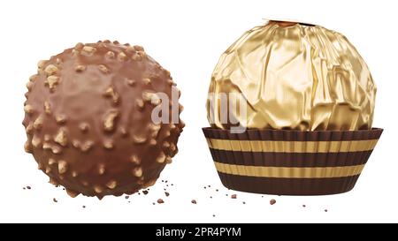 Boule de chocolat de qualité supérieure avec lait et anothre avec paillettes dorées isolées sur fond blanc Détails de haute qualité - rendu 3D Banque D'Images