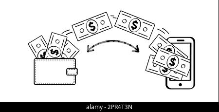 Portefeuille pour téléphone portable. Envoi et réception d'argent, paiements. Lot de dessins animés, argent papier. Dollar, billets d'argent ou facture d'argent. Factures d'espèces et de currenc Banque D'Images