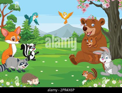 Groupe de dessins animés animaux heureux dans la jungle Illustration de Vecteur
