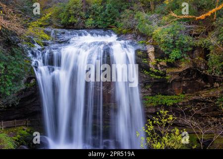 Printemps à Dry Falls sur la rivière Cullasaja sur une route panoramique entre Franklin et Highlands, Caroline du Nord, États-Unis Banque D'Images