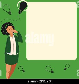 Femme d'affaires dessin debout à côté du conseil d'administration Présentation penser de nouvelles idées. Lady Next démontre le raisonnement concepts récents. Manager présentant les plans récents. Illustration de Vecteur