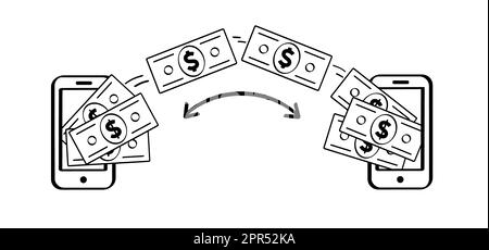 Portefeuille pour téléphone portable. Envoi et réception d'argent, paiements. Lot de dessins animés, argent papier. Dollar, billets d'argent ou facture d'argent. Factures d'espèces et de currenc Banque D'Images