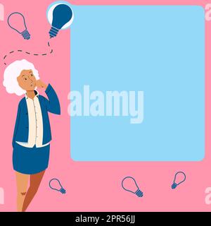 Femme d'affaires dessin debout à côté du conseil d'administration Présentation penser de nouvelles idées. Lady Next démontre le raisonnement concepts récents. Manager présentant les plans récents. Illustration de Vecteur