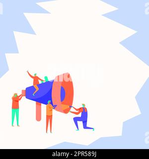 Quatre collègues effectuant des inspections à l'aide d'une grande mégaphone faisant la promotion de la coopération d'équipe. Coéquipiers qui font fonctionner un grand périphérique audio Bullhorn montrant le travail d'équipe de groupe. Illustration de Vecteur