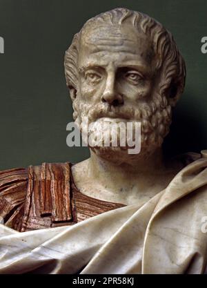 Aristote 384–322 av. J.-C.) philosophe et scientifique grec né dans la ville de Stagira, en Chalcidique, au nord de la Grèce classique. Avec Platon, Aristote est considéré comme le «Père de la philosophie occidentale, Galleria degli Uffizi, 1581, fondateur : Francesco I de Médicis, Grand-Duc de Toscane, Florence, Italie, 2e siècle après JC Banque D'Images