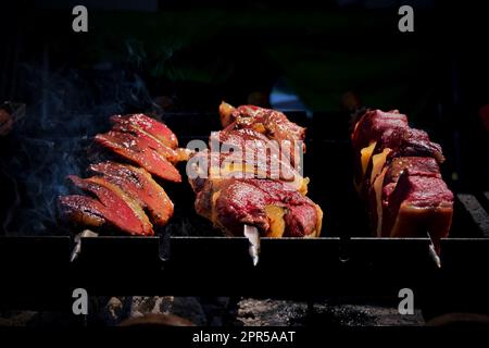 Spiedini di carne sfrigolano sulla brace fumante, emanando un arome delizioso. Il calore del fuoco li rende succulenti e teneri Banque D'Images