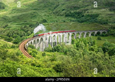Le train à vapeur Jacobite sur le viaduc de Glenfinnan dans les Highlands du Nord-Ouest, en Écosse, au Royaume-Uni. Le train et le pont ont été présentés dans le Harry Potter Banque D'Images