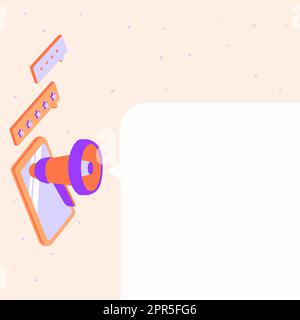 Dessin d'une tablette avec Megaphone faisant une nouvelle annonce dans UNE boîte de conversation. Dessin d'appareil mobile, y compris Bullhorn faisant du tonnerre par message . Illustration de Vecteur