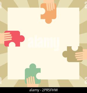 Illustration des mains tenant Un puzzle Jigsaw de chaque côté de la grande boîte vierge s'aidant l'un l'autre. Mise en plan de ligne de groupe partager de nouvelles idées étonnantes les unes avec les autres. Illustration de Vecteur