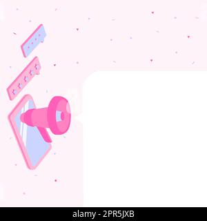 Dessin d'une tablette avec Megaphone faisant une nouvelle annonce dans UNE boîte de conversation. Dessin d'appareil mobile, y compris Bullhorn faisant du tonnerre par message . Illustration de Vecteur