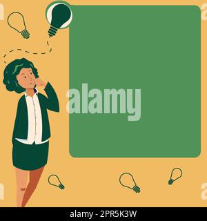 Femme d'affaires dessin debout à côté du conseil d'administration Présentation penser de nouvelles idées. Lady Next démontre le raisonnement concepts récents. Manager présentant les plans récents. Illustration de Vecteur