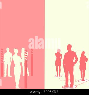 Deux équipes se tenant à discuter ensemble de nouvelles idées différentes. Les partenaires d'affaires discutent côte à côte des plans de travail opposés. Groupes ayant un chat pour des idées récentes. Illustration de Vecteur