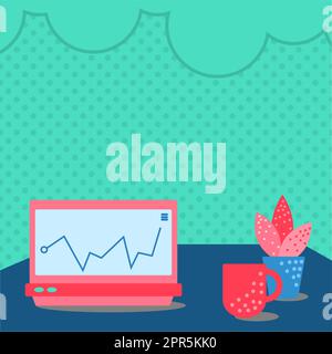 Ordinateur portable posé sur Une table à côté de la tasse à café et de l'usine montrant le processus de travail. Bureau dessin avec ordinateur portable. Conception de dessus d'ordinateur. Illustration de Vecteur
