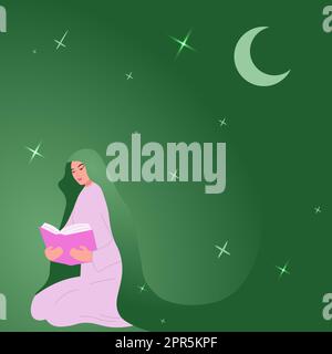 Femme lisant le livre Saint assis sur les genoux avec la Lune et le début en arrière-plan. Femme en vêtements traditionnels regardant le manuel. Fille avec hijab priant. Illustration de Vecteur