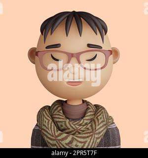 3D illustration de l'homme asiatique. Dessin animé gros plan portrait d'un homme asiatique souriant sur fond jaune. 3D Avatar pour ui ux. Banque D'Images