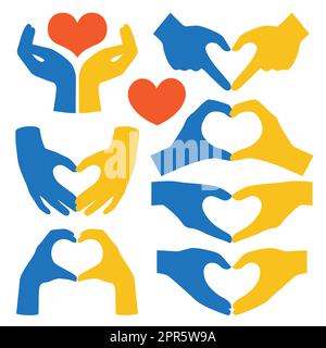 Soutenir l'Ukraine. Mains coeur forme couleurs ukrainiennes, bleu jaune mains plates, arrêter la guerre en Ukraine. Illustration vectorielle Banque D'Images