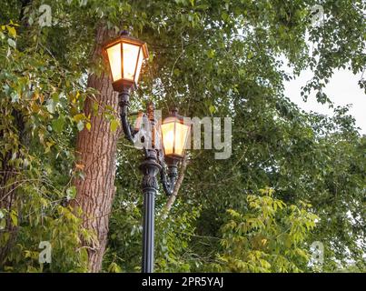 Deux magnifiques lanternes d'éclairage de rue vintage sur un poteau rétro en fer forgé sur un fond d'arbres verts sont dans le parc au printemps, à l'extérieur, dans la soirée Banque D'Images