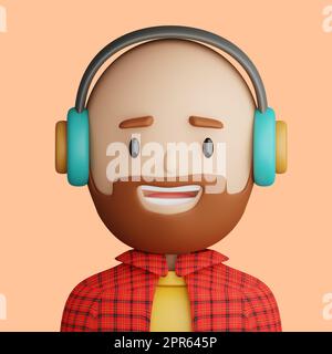 3D illustration d'un homme barbu souriant. Dessin animé portrait en gros plan d'un homme barbu souriant avec casque sur fond jaune. 3D Avatar pour ui ux. Banque D'Images