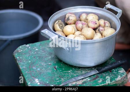 Casserole en acier inoxydable avec pommes de terre neuves crues et un couteau de cuisine. Pommes de terre non pelées. Gros plan de pommes de terre à la peau jaune et rouge. Épluchez les pommes de terre dans la cuisine sur une table rustique en bois. Banque D'Images