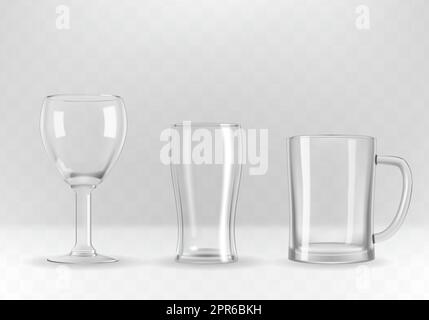 Ensemble vectoriel de verres à bière, de mugs et de gobelets transparents au réalisme photographique. Banque D'Images