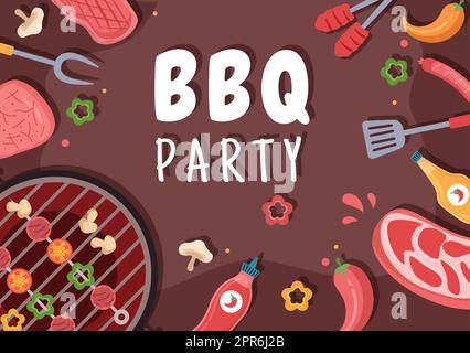 Barbecue ou barbecue avec steaks sur le grill, grille-pain, assiettes, saucisses, poulet et légumes dans un dessin animé à fond plat Banque D'Images