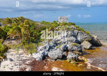 Structure 45, les offenses sur la colline près de la plage, les ruines mayas à Tulum, Riviera Maya, Yucatan, Mer des Caraïbes, Mexique Banque D'Images