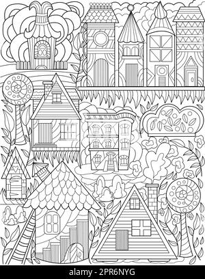 Old Town Doodle Tall Trees Maisons bâtiments lignes incolores dessin Banque D'Images