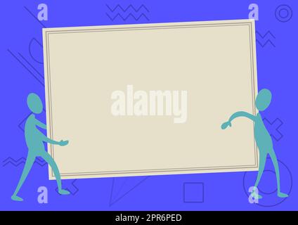 Deux collègues debout portant un grand tableau blanc montrant Unity. Banque D'Images