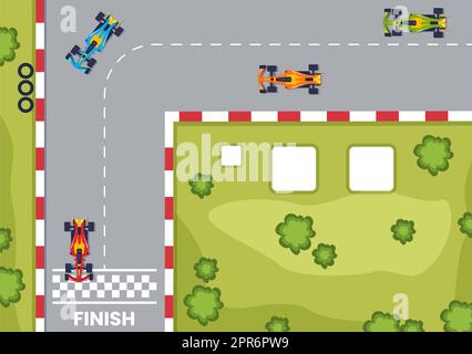 Formula Racing Sport car Reach sur le circuit de course The Finish Line Cartoon Illustration pour gagner le championnat en conception plate Banque D'Images