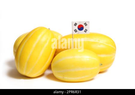 Récolte de melon d'été - Melons coréens Ginkaku - Cucumis melo var. makuwa Banque D'Images