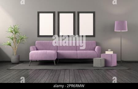 Salon noir avec canapé violet, lampe au sol et table basse - 3D rendu Banque D'Images