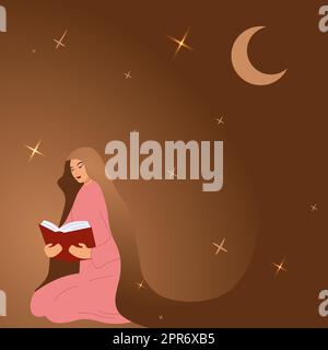 Femme lisant le livre Saint assis sur les genoux avec la Lune et le début en arrière-plan. Femme en vêtements traditionnels regardant le manuel. Fille avec hijab priant. Banque D'Images