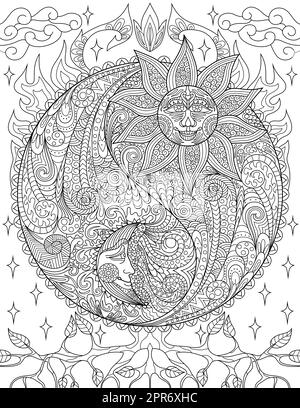 Page de livre de coloriage avec symboles Yin Yang avec Soleil d'un côté et Lune de l'autre. La feuille doit être colorée avec l'affiche présentant le jour et la nuit avec les feuilles en arrière-plan. Banque D'Images