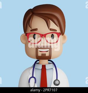 3D illustration d'un joli médecin barbu Cartoon gros plan portrait d'un médecin barbu souriant sur fond bleu. 3D Avatar pour ui ux. Banque D'Images