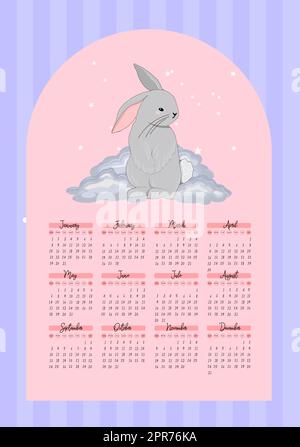 Calendrier 2023 avec lapins mignons. Affiche pour enfants. Année du chat et du lapin. Symbole de 2023. Illustration vectorielle dans des couleurs tendance. Banque D'Images