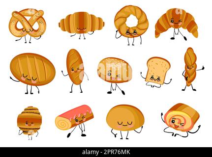 Grand ensemble d'illustrations isolées sur fond blanc. Le pain est différent. Baguette, pain, petits pains sandwich, muffins et petits pains. Blé et seigle bre Banque D'Images