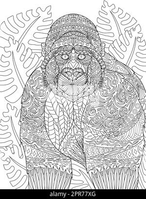 Page de livre de coloriage avec grand singe détaillé en regardant Afar avec des feuilles derrière Banque D'Images