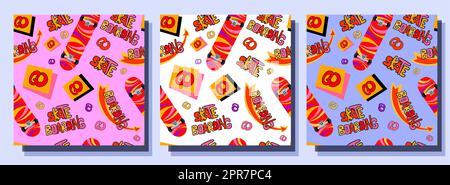 Motif tendance sur le thème du skateboard. Journée de skateboard. Sports de rue pour les jeunes. Imprimé tendance sans couture Banque D'Images