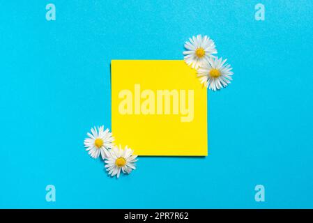 Pense-bête avec messages importants avec fleurs des deux côtés. Mémo avec informations de base avec Daisies autour. Papier contenant les annonces en cours. Banque D'Images