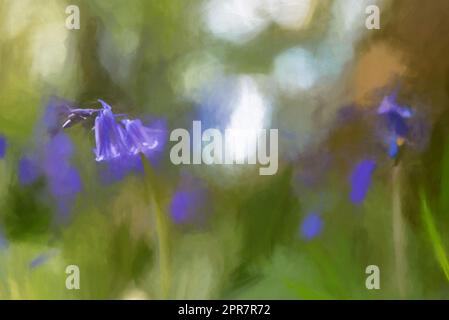Peinture numérique de fleurs bleutées aux couleurs vives sur un fond boisé naturel, utilisant une faible profondeur de champ. Banque D'Images