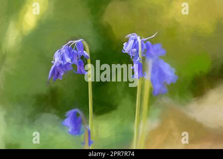 Peinture numérique de fleurs bleutées aux couleurs vives sur un fond boisé naturel, utilisant une faible profondeur de champ. Banque D'Images