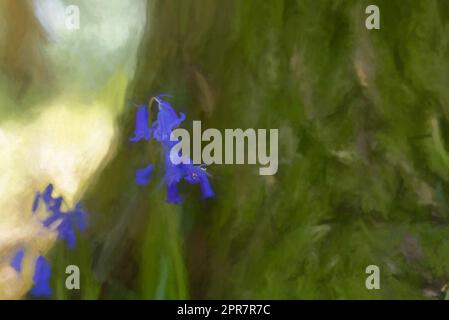 Peinture numérique de fleurs bleutées aux couleurs vives sur un fond boisé naturel, utilisant une faible profondeur de champ. Banque D'Images