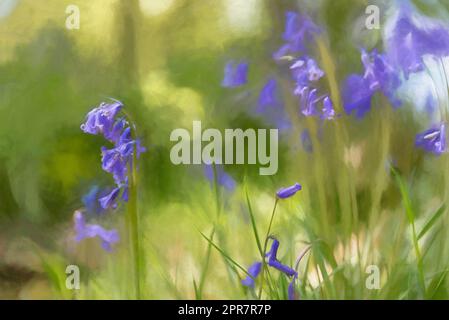 Peinture numérique de fleurs bleutées aux couleurs vives sur un fond boisé naturel, utilisant une faible profondeur de champ. Banque D'Images