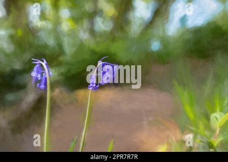Peinture numérique de fleurs bleutées aux couleurs vives sur un fond boisé naturel, utilisant une faible profondeur de champ. Banque D'Images