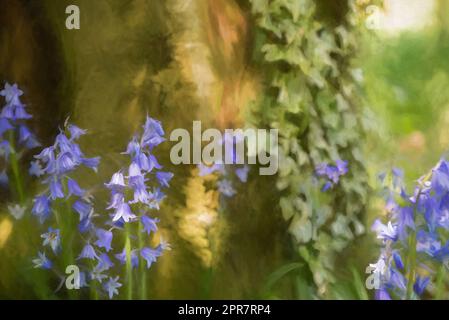 Peinture numérique de fleurs bleutées aux couleurs vives sur un fond boisé naturel, utilisant une faible profondeur de champ. Banque D'Images