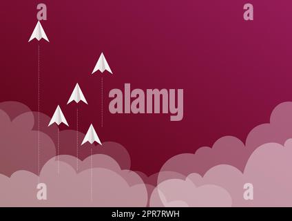 Cinq avions en papier survolant le ciel entouré de nuages représentant la réalisation des objectifs. Des avions en carton qui atteignent les gratte-ciel symbolisent la réussite des projets. Illustration de Vecteur
