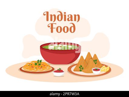 Dessin-modèle indien avec une collection variée de délicieux plats de cuisine traditionnelle dans un design plat Banque D'Images