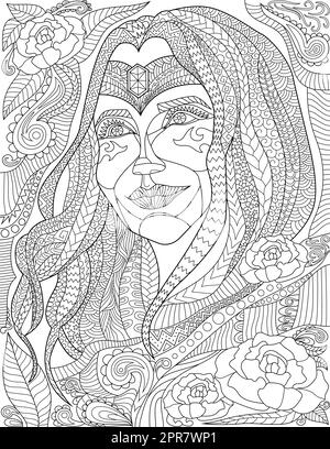 Coloriage page avec détail beau visage de femme avec des bijoux sur le front. Banque D'Images