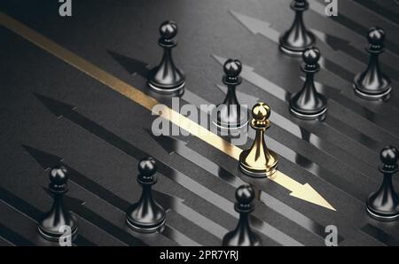 3d illustration de nombreux pions noirs allant dans la même direction et d'un doré allant de l'autre côté. Banque D'Images